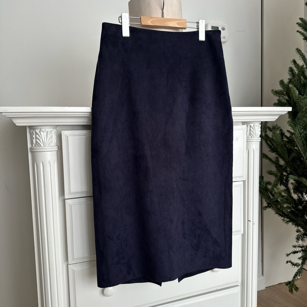 Babaton Faux Suede Midi Skirt – Navy | Heavy Premium Fabric | Size 8